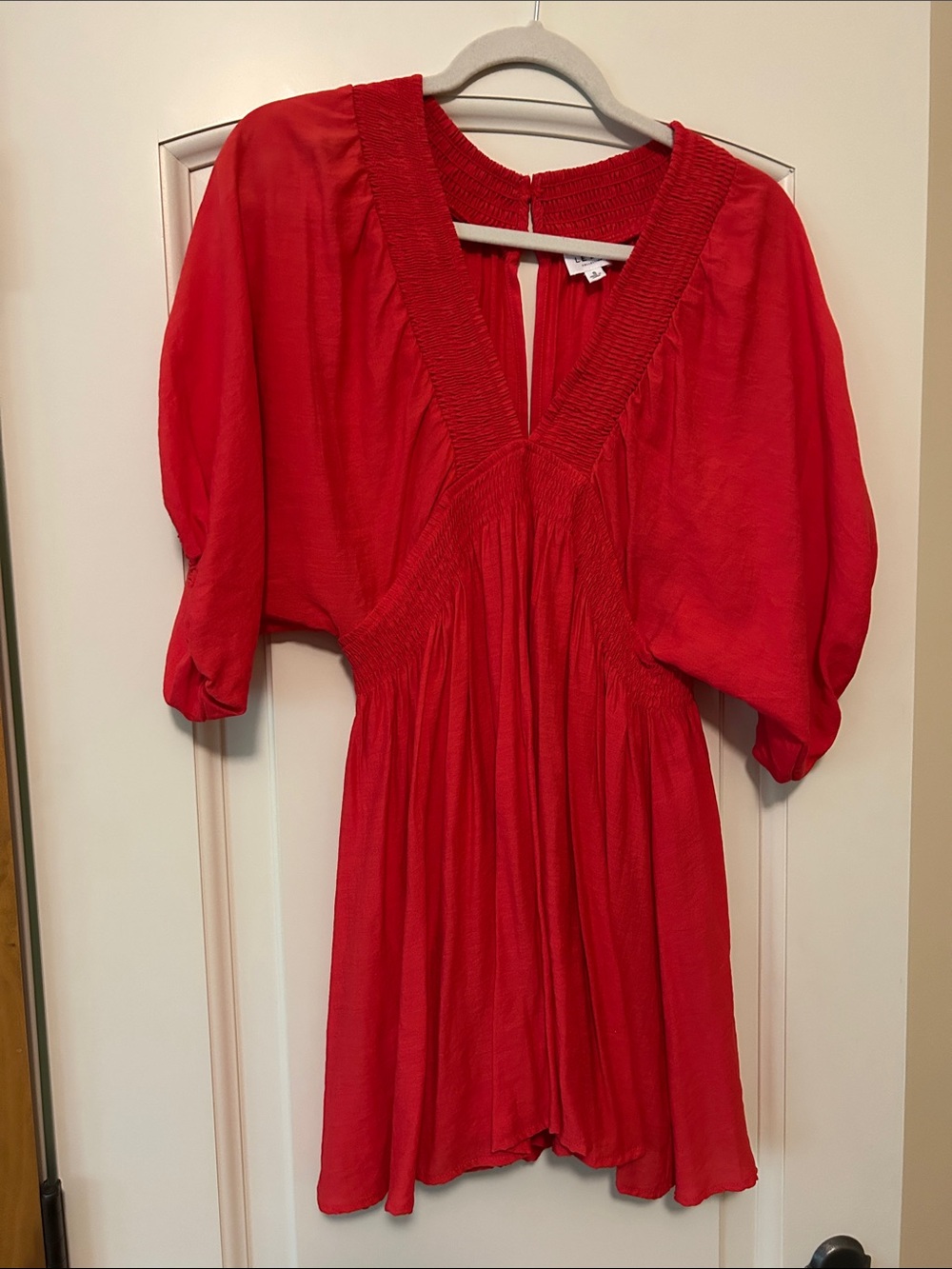 Le Lis Red V-Neck Puff Sleeve Smocked Waist Dress July 4th Ready